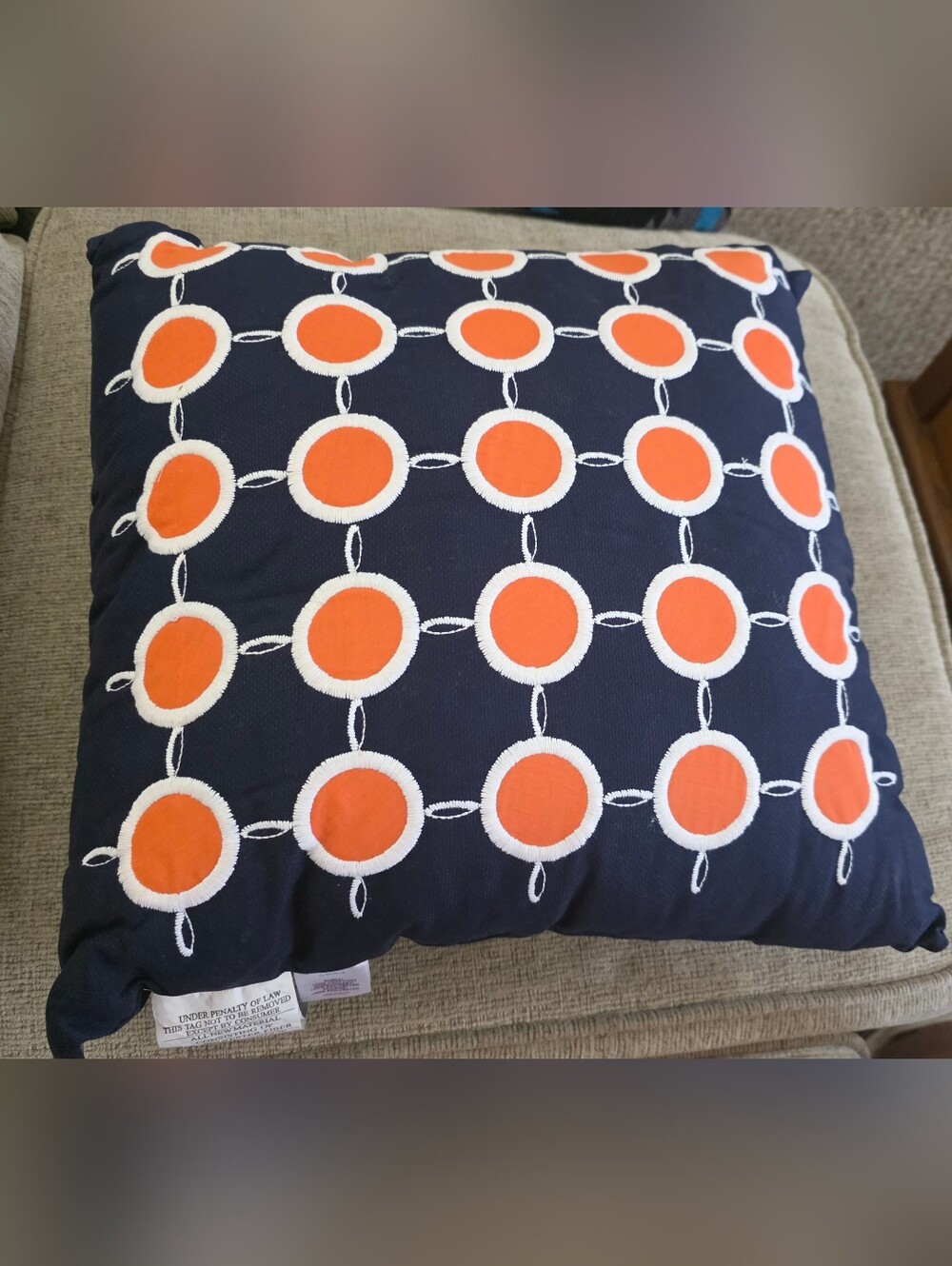 NEW Navy Throw Pillow with Orange & White Circle Pattern